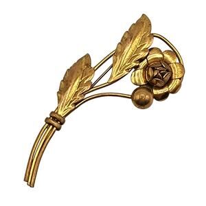 Vintage 1940s Floral Brooch Gold Tone Slender Long Stem Flower Pin 3.25"